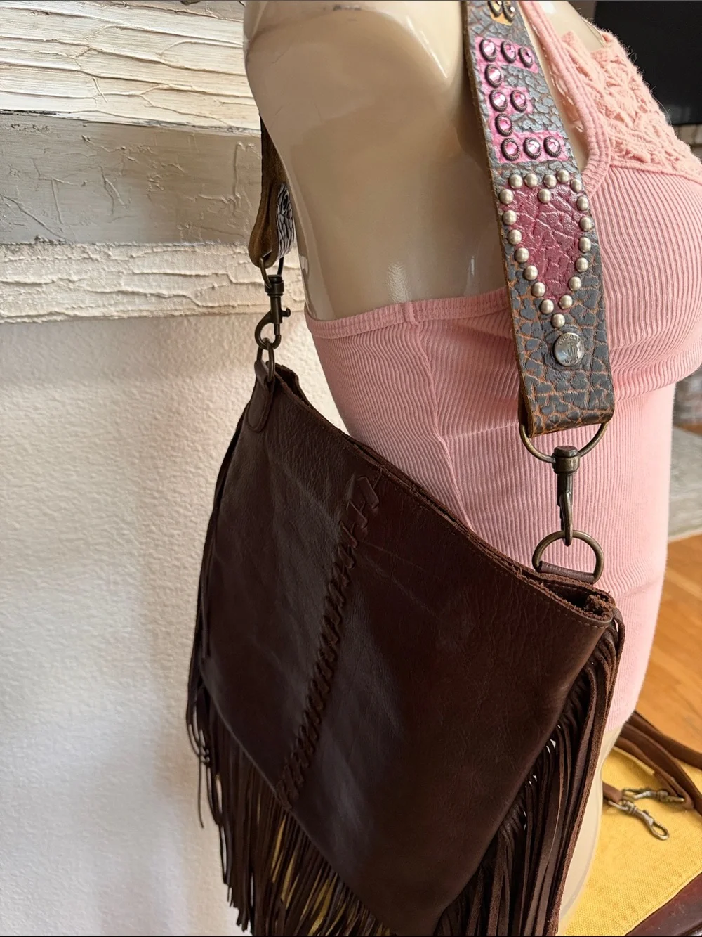 Brown Leather Fringe Hobo Shoulder Bag with Decorative Strap